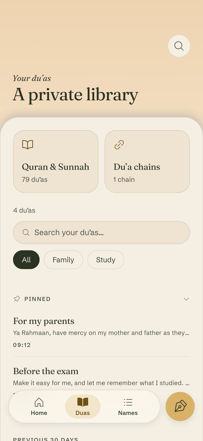 Your duas in the app: a private library
